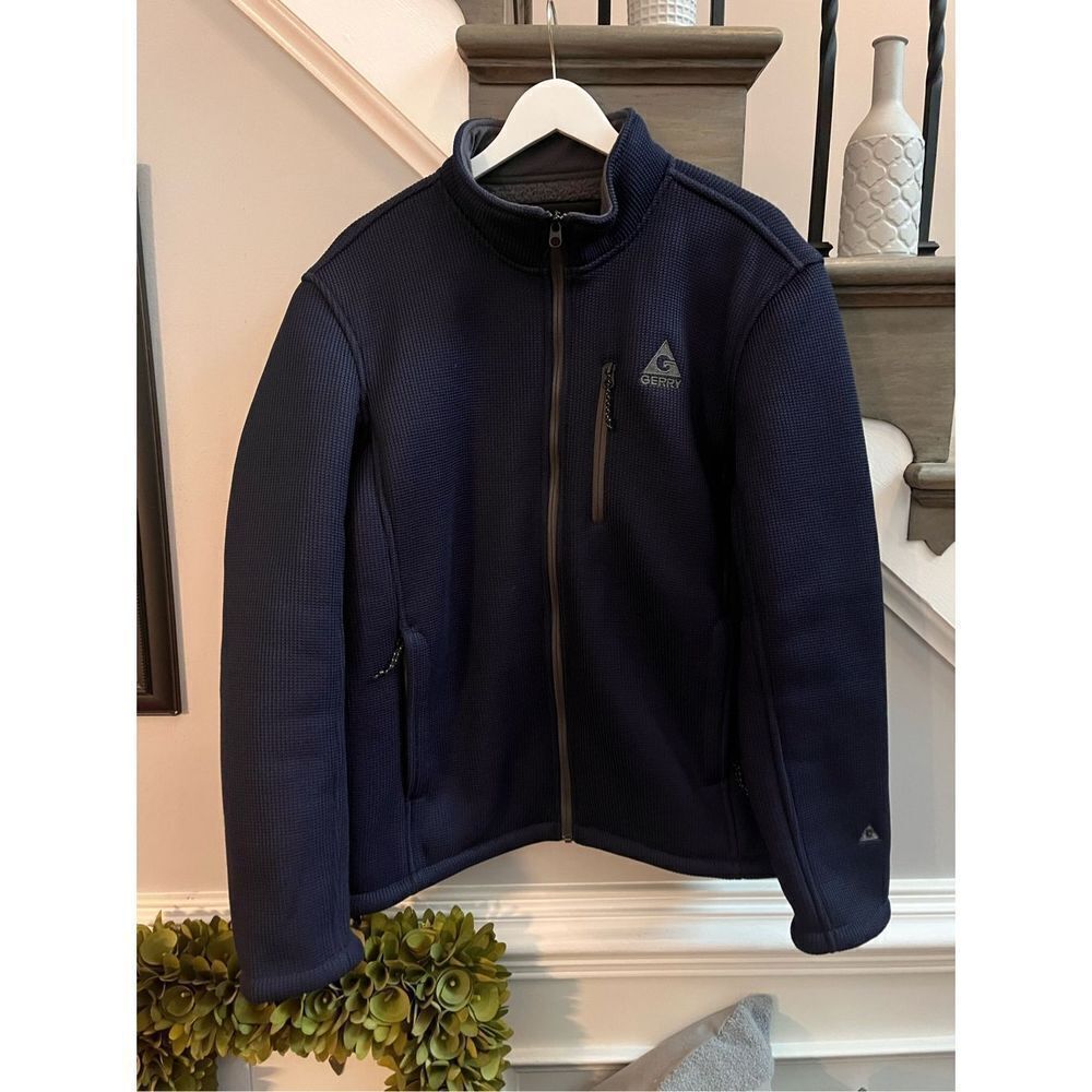 Gerry Mens Navy Heavy Knit Fleece Lined Zip Up sz L EUC